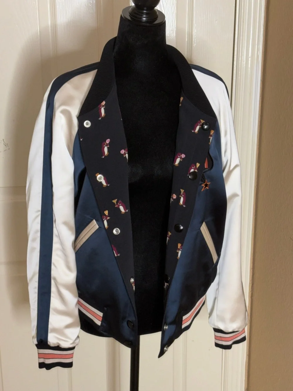 COACH Women’s Bomber REVERSIBLE Varsity Jacket Floral Print Colorblock Satin Med - Picture 6 of 12